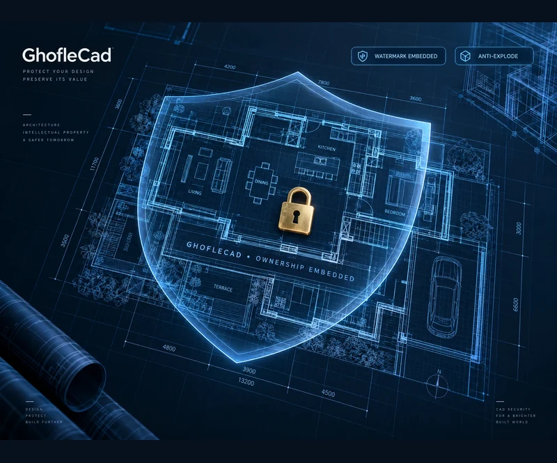 GhofleCad blueprint shield protecting an architectural DXF drawing with embedded watermark and anti-explode protection